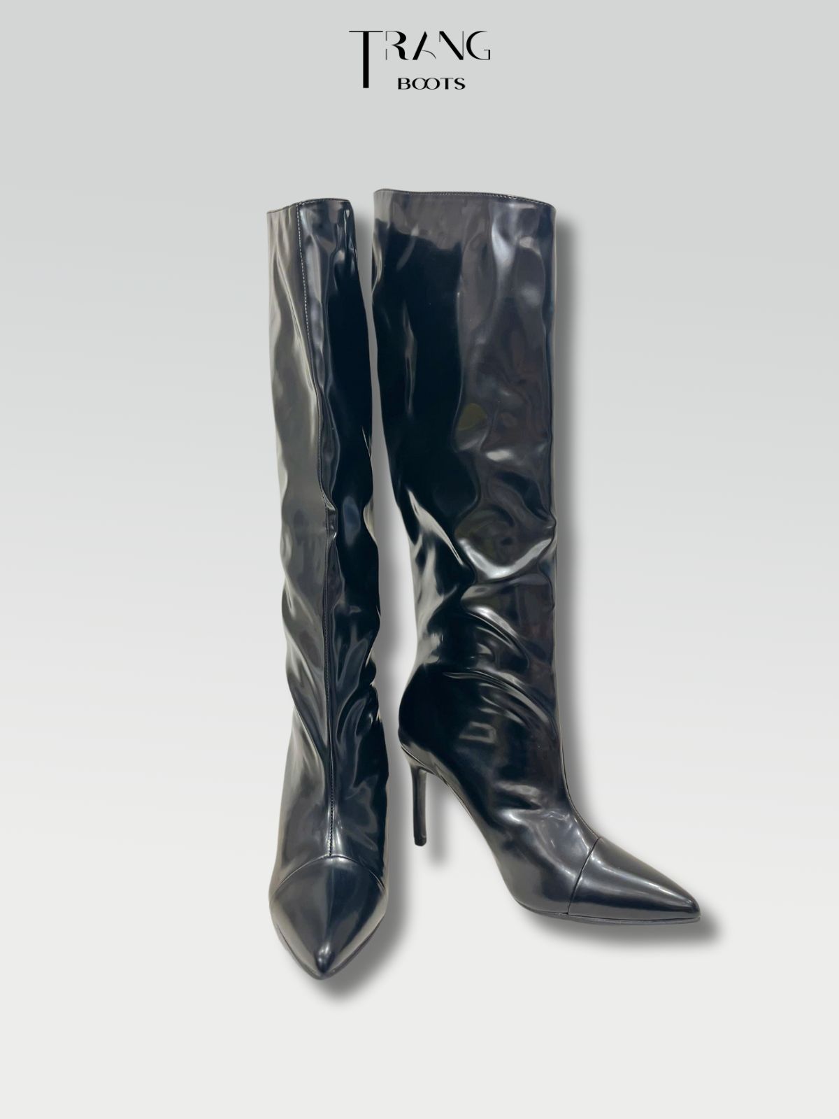 KNEE BOOTS DA BÓNG ỐNG ĐỨNG GÓT NHỌN MÀU TRẮNG