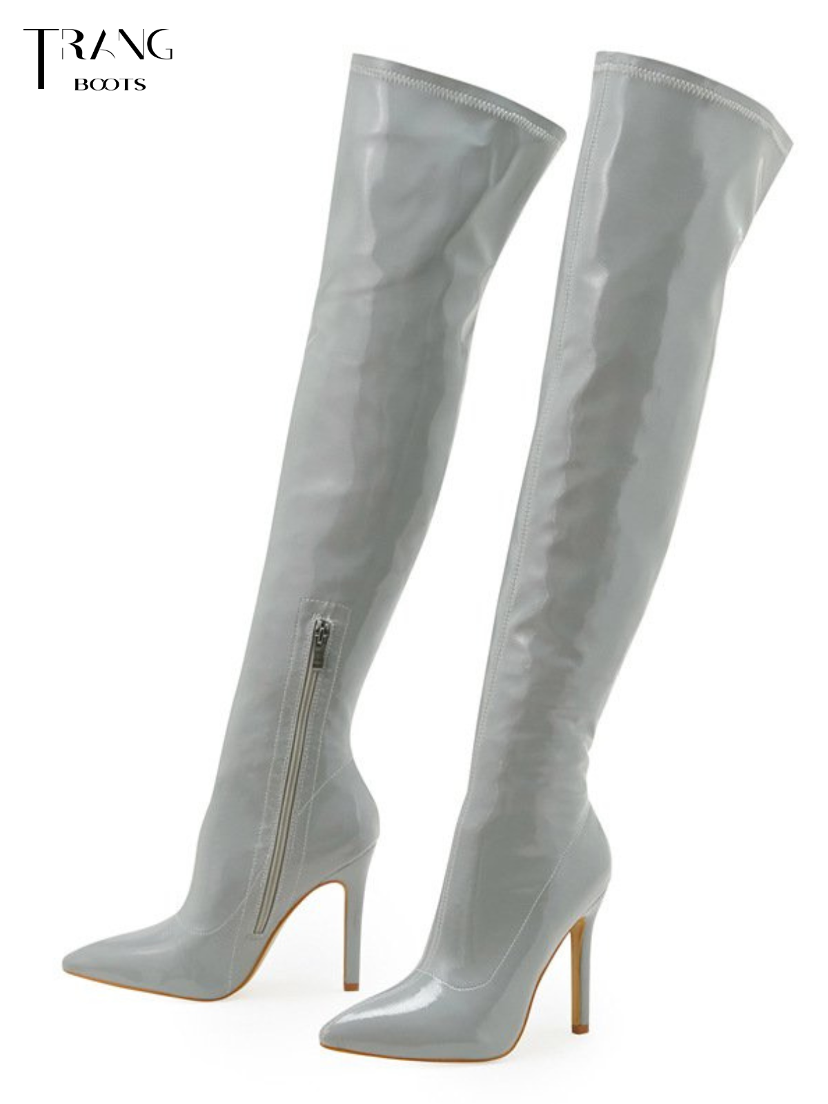 OVER KNEE BOOTS DA BÓNG MŨI NHỌN GÓT NHỌN TRẮNG