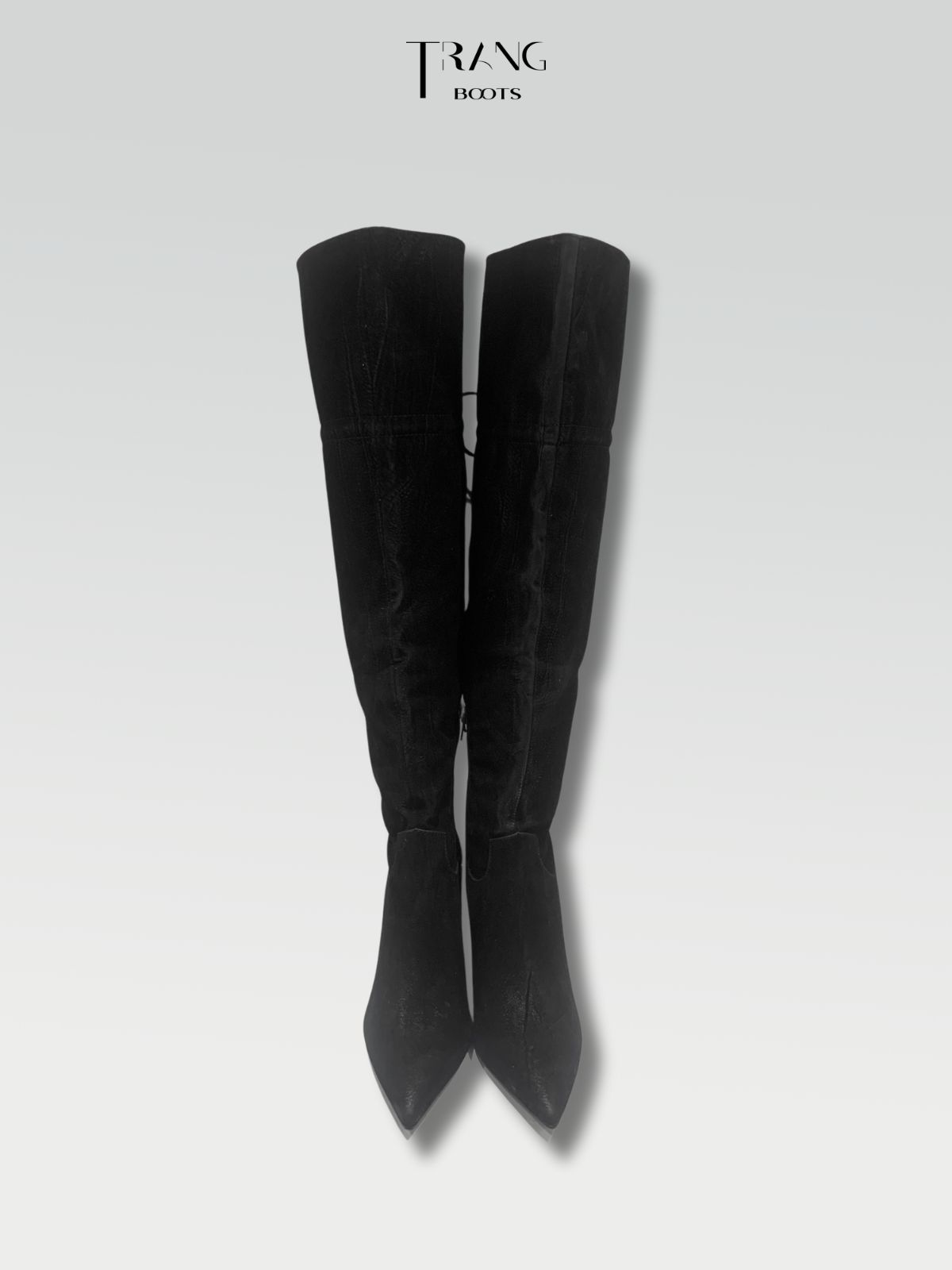 OVER KNEE BOOTS SUEDE BLACK - OVER KNEE BOOTS MŨI NHỌN DA LỘN ĐẾ TRỤ PHỐI DÂY CỘT