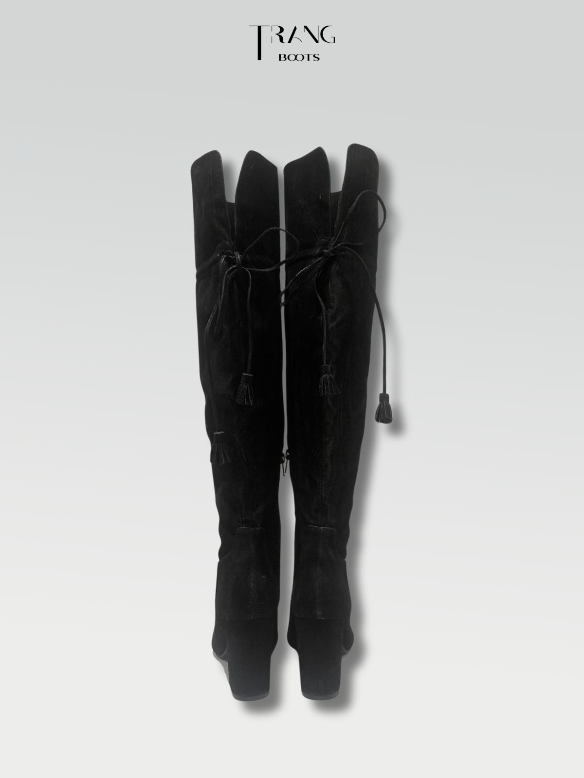 OVER KNEE BOOTS SUEDE BLACK - OVER KNEE BOOTS MŨI NHỌN DA LỘN ĐẾ TRỤ PHỐI DÂY CỘT