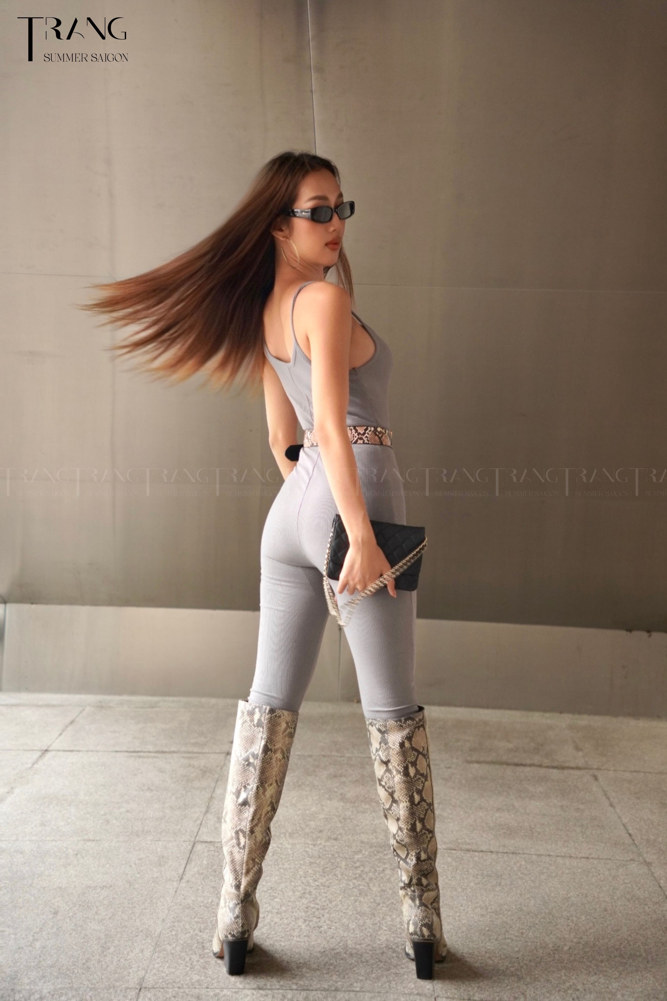KNEE BOOTS MŨI NHỌN DA VÂN RẮN DA THẬT GÓT TÙ