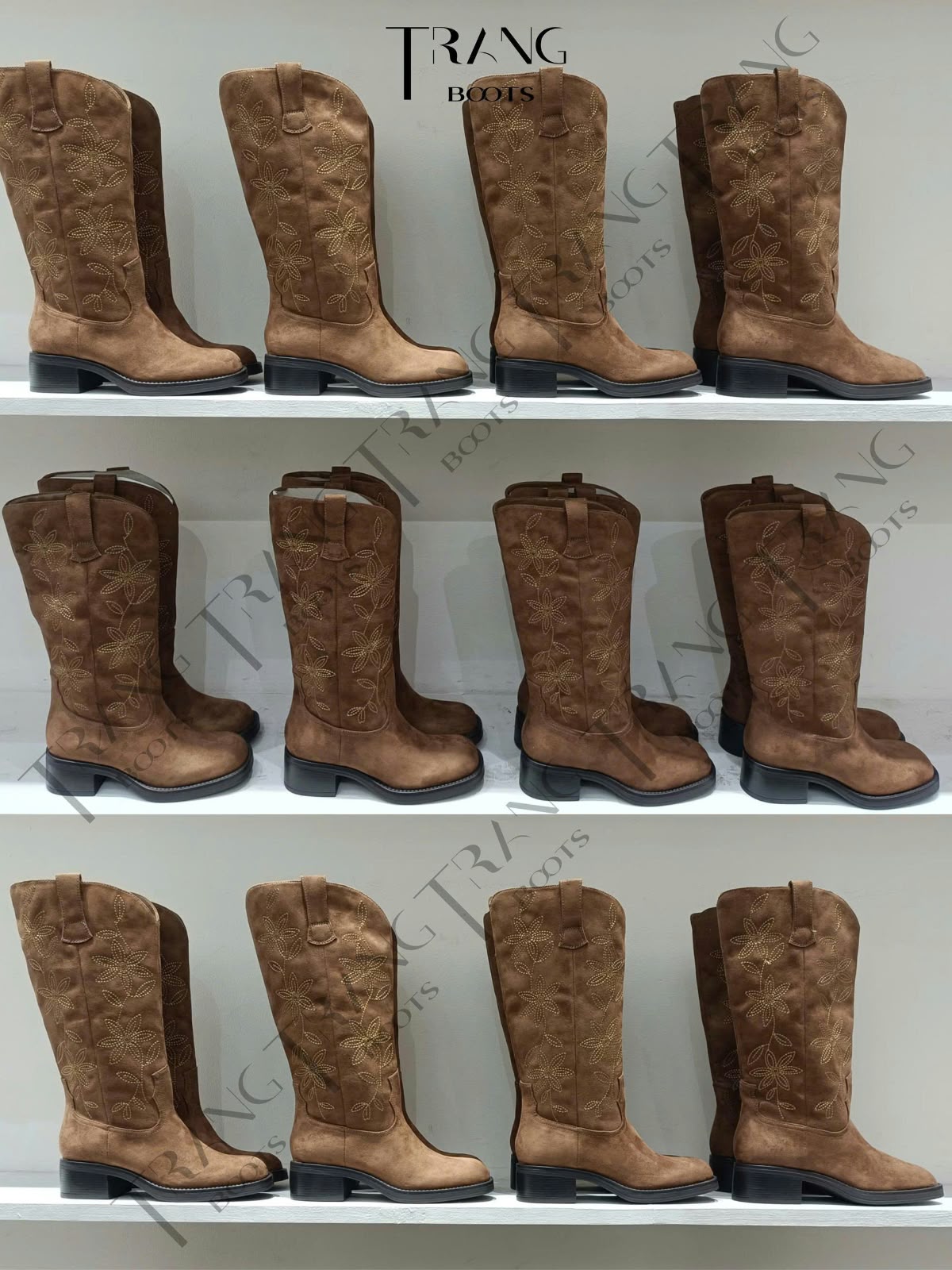EMBROIDERED SUEDE KNEE-HIGH BOOTS LEFTIES - Boots Gối Da Lộn Nâu Thêu Hoa