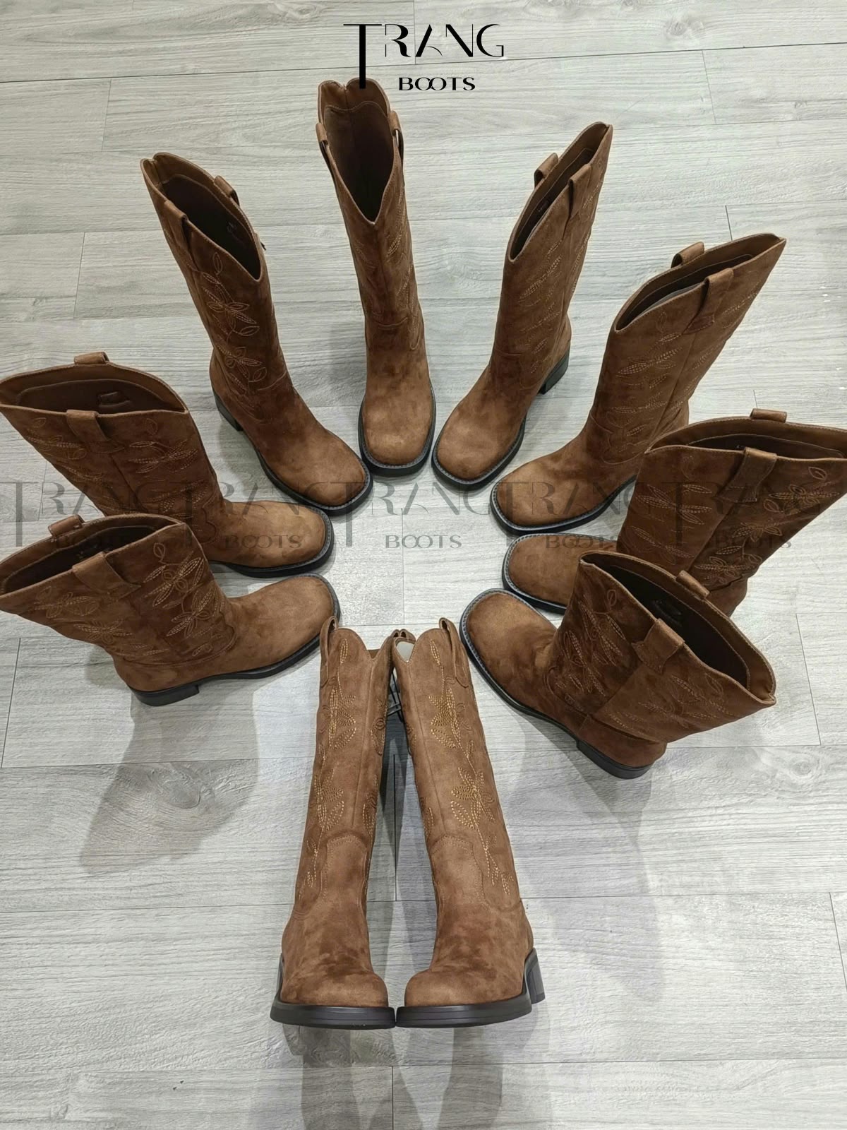EMBROIDERED SUEDE KNEE-HIGH BOOTS LEFTIES - Boots Gối Da Lộn Nâu Thêu Hoa