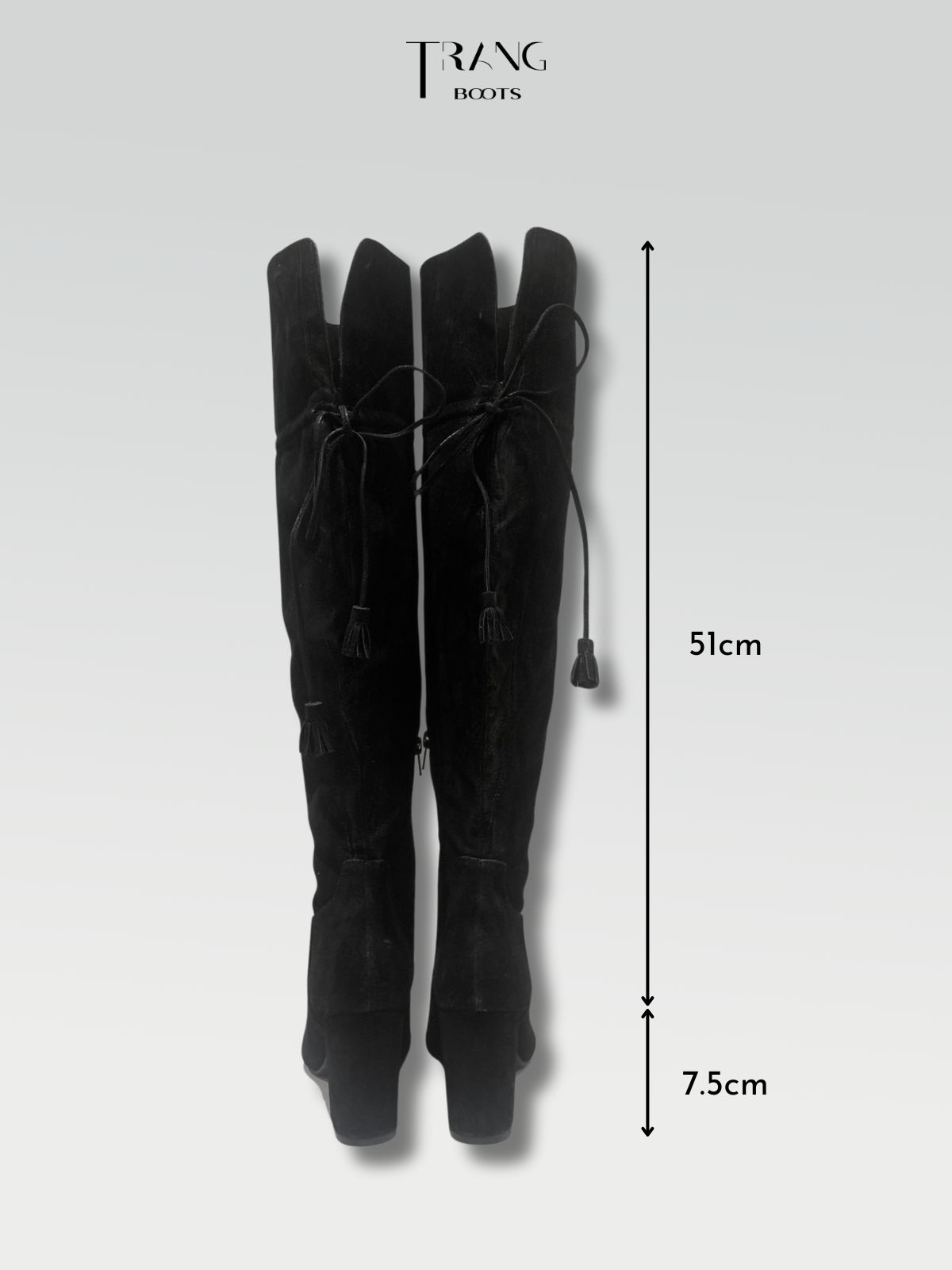 OVER KNEE BOOTS SUEDE BLACK - OVER KNEE BOOTS MŨI NHỌN DA LỘN ĐẾ TRỤ PHỐI DÂY CỘT