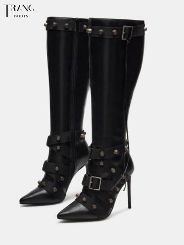 KNEE BOOTS MŨI NHỌN ĐÍNH HOẠ TIẾT CÁ TÍNH MÀU ĐEN