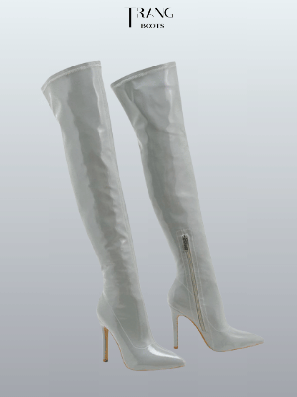 OVER KNEE BOOTS DA BÓNG MŨI NHỌN GÓT NHỌN TRẮNG