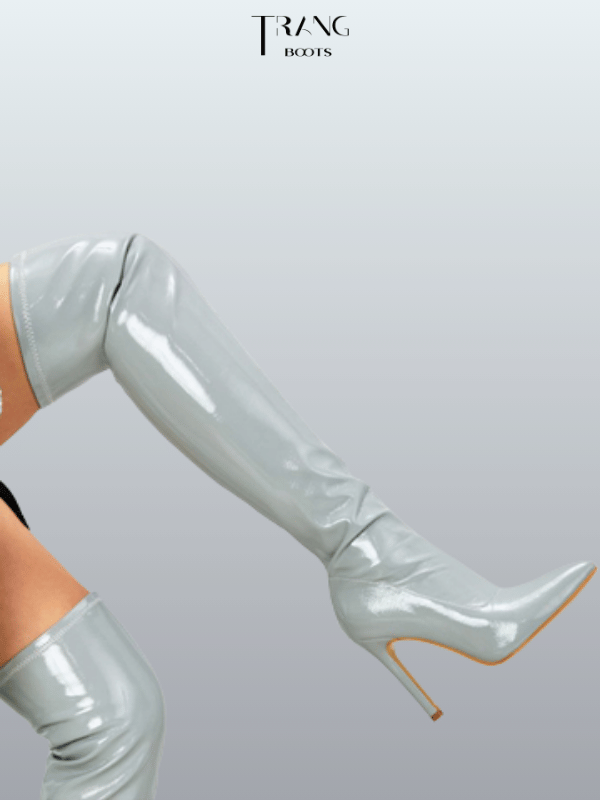 OVER KNEE BOOTS DA BÓNG MŨI NHỌN GÓT NHỌN TRẮNG