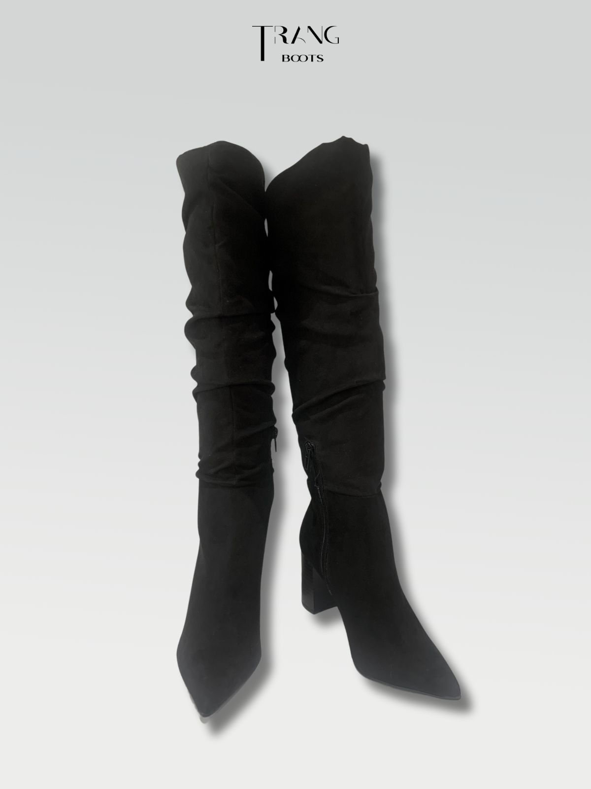 KNEE BOOTS SUEDE BLACK - KNEE BOOTS MŨI NHỌN DA LỘN ĐẾ TRỤ PHOM NHÚN ĐEN