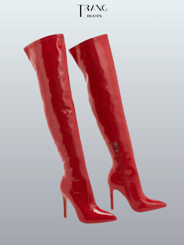 OVER KNEE BOOTS DA BÓNG MŨI NHỌN GÓT NHỌN ĐỎ