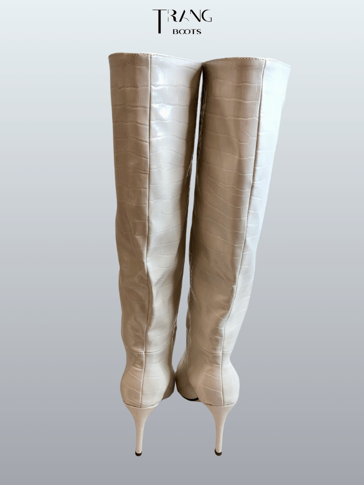 KNEE BOOTS MŨI NHỌN DA VÂN GÓT NHỌN