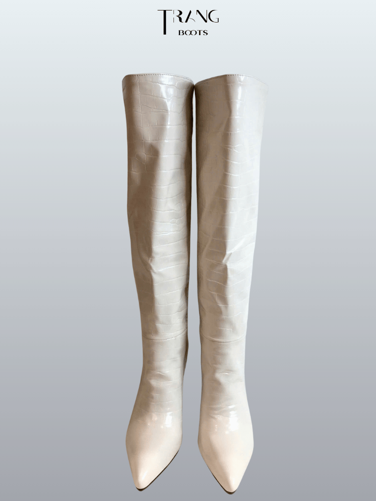 KNEE BOOTS MŨI NHỌN DA VÂN GÓT NHỌN