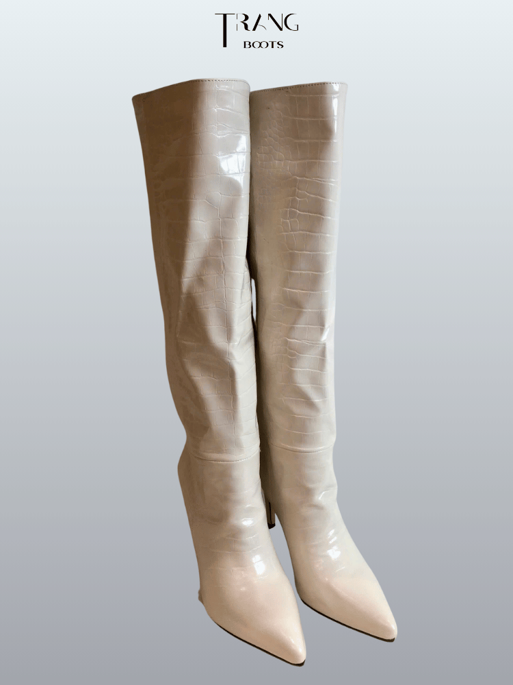 KNEE BOOTS MŨI NHỌN DA VÂN GÓT NHỌN