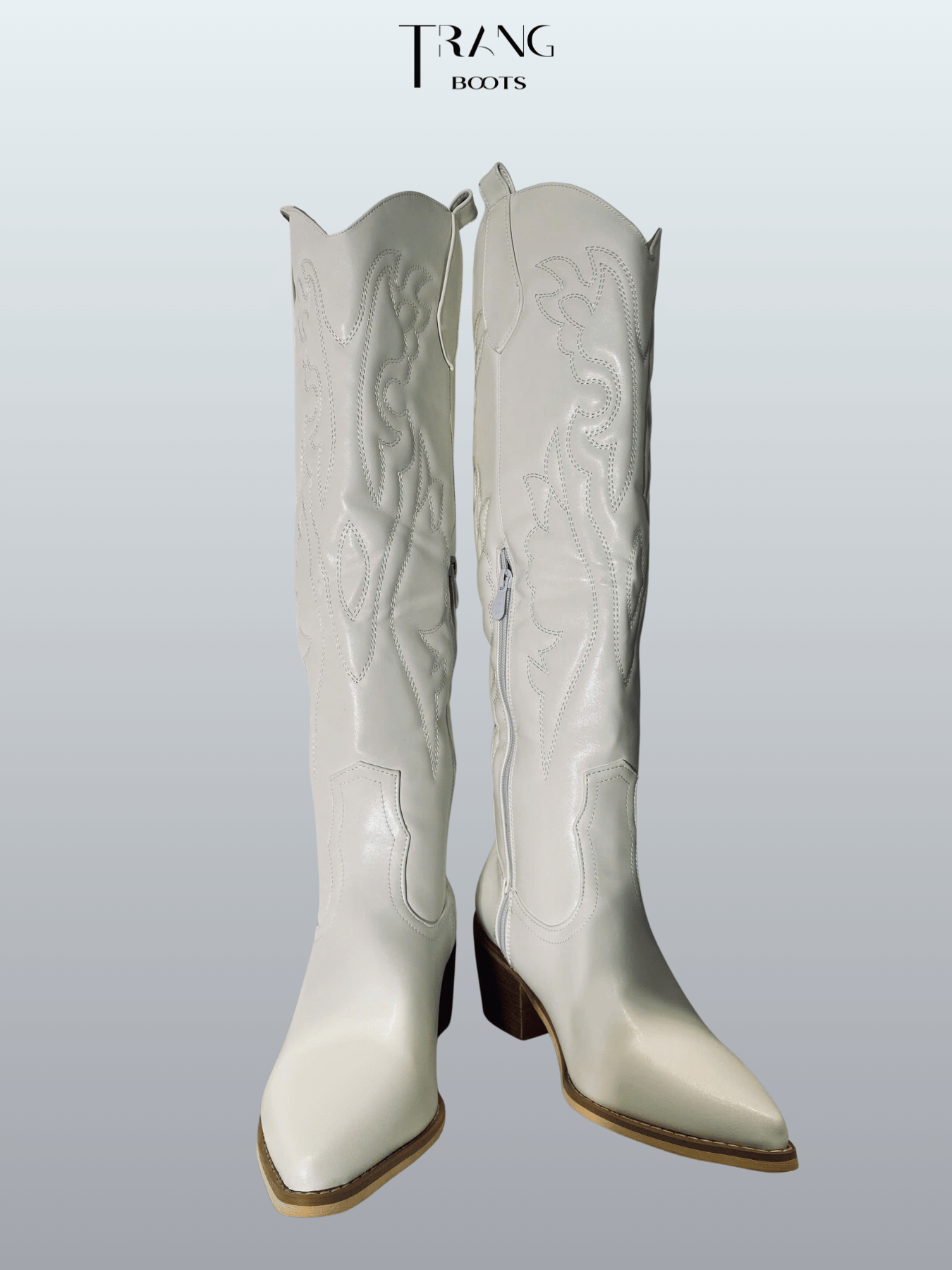 COWBOY KNEE BOOTS TRẮNG HỌA TIẾT NỔI