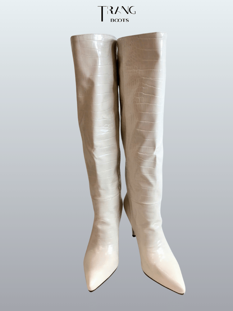 KNEE BOOTS MŨI NHỌN DA VÂN GÓT NHỌN