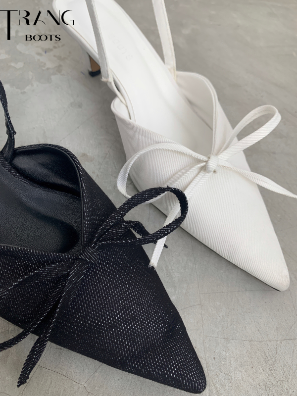 GIÀY SANDAL NỮ MŨI NHỌN ĐÍNH NƠ BOW DENIM ĐEN