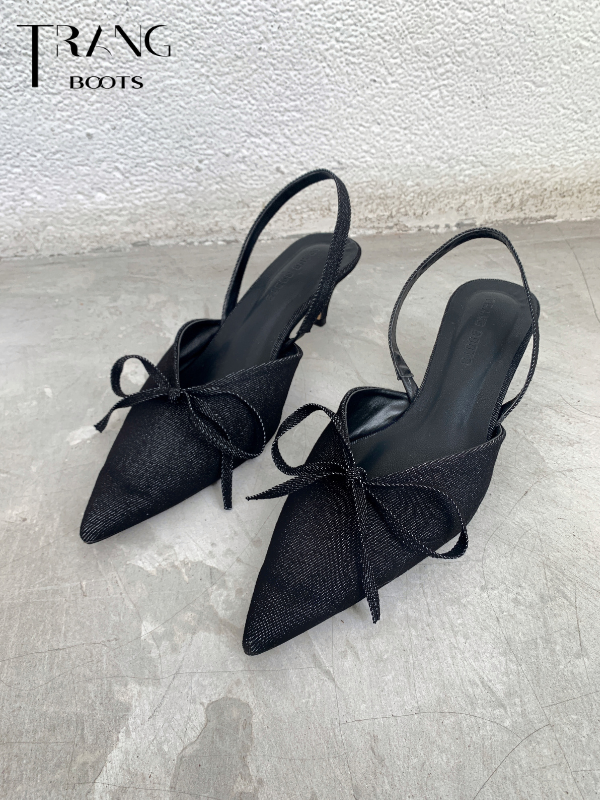GIÀY SANDAL NỮ MŨI NHỌN ĐÍNH NƠ BOW DENIM ĐEN