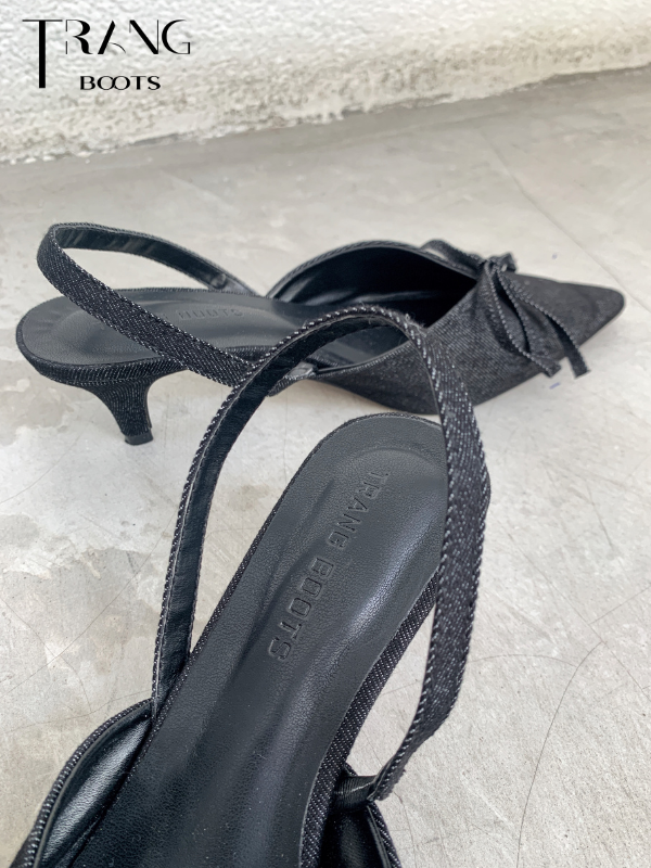GIÀY SANDAL NỮ MŨI NHỌN ĐÍNH NƠ BOW DENIM ĐEN
