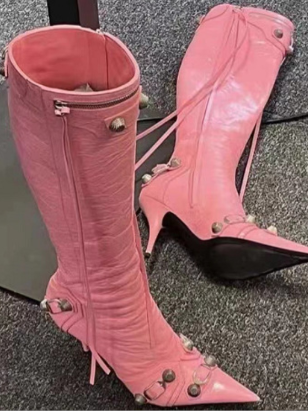 KNEE BOOTS MŨI NHỌN KHÓA KÉO HÔNG GÓT 9.5CM