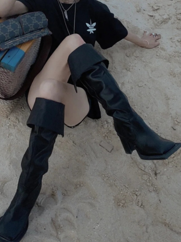 OVERKNEE BOOTS MŨI VUÔNG DA MỜ GÓT TRỤ 6CM