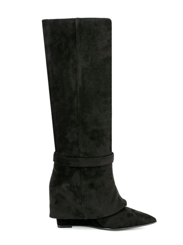 KNEE BOOTS MŨI NHỌN DA LỘN ỐNG LẬT KÈM ĐAI