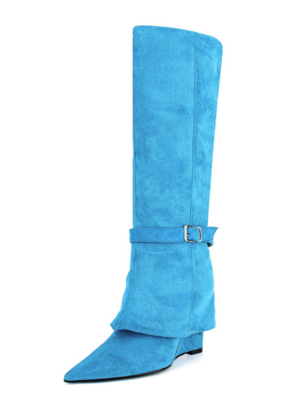 KNEE BOOTS MŨI NHỌN DA LỘN ỐNG LẬT KÈM ĐAI