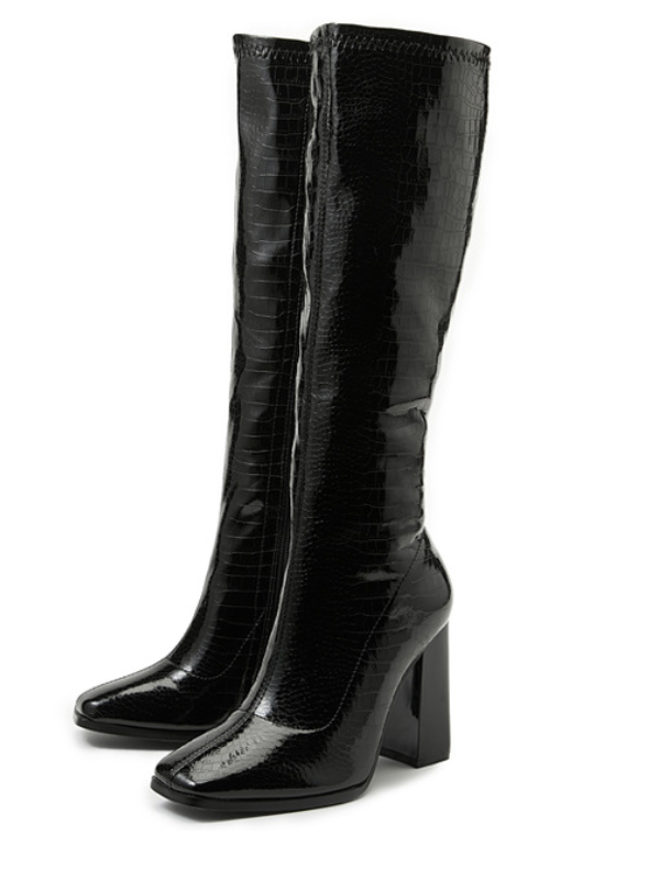 KNEE BOOTS DA BÓNG MŨI VUÔNG GÓT TRỤ