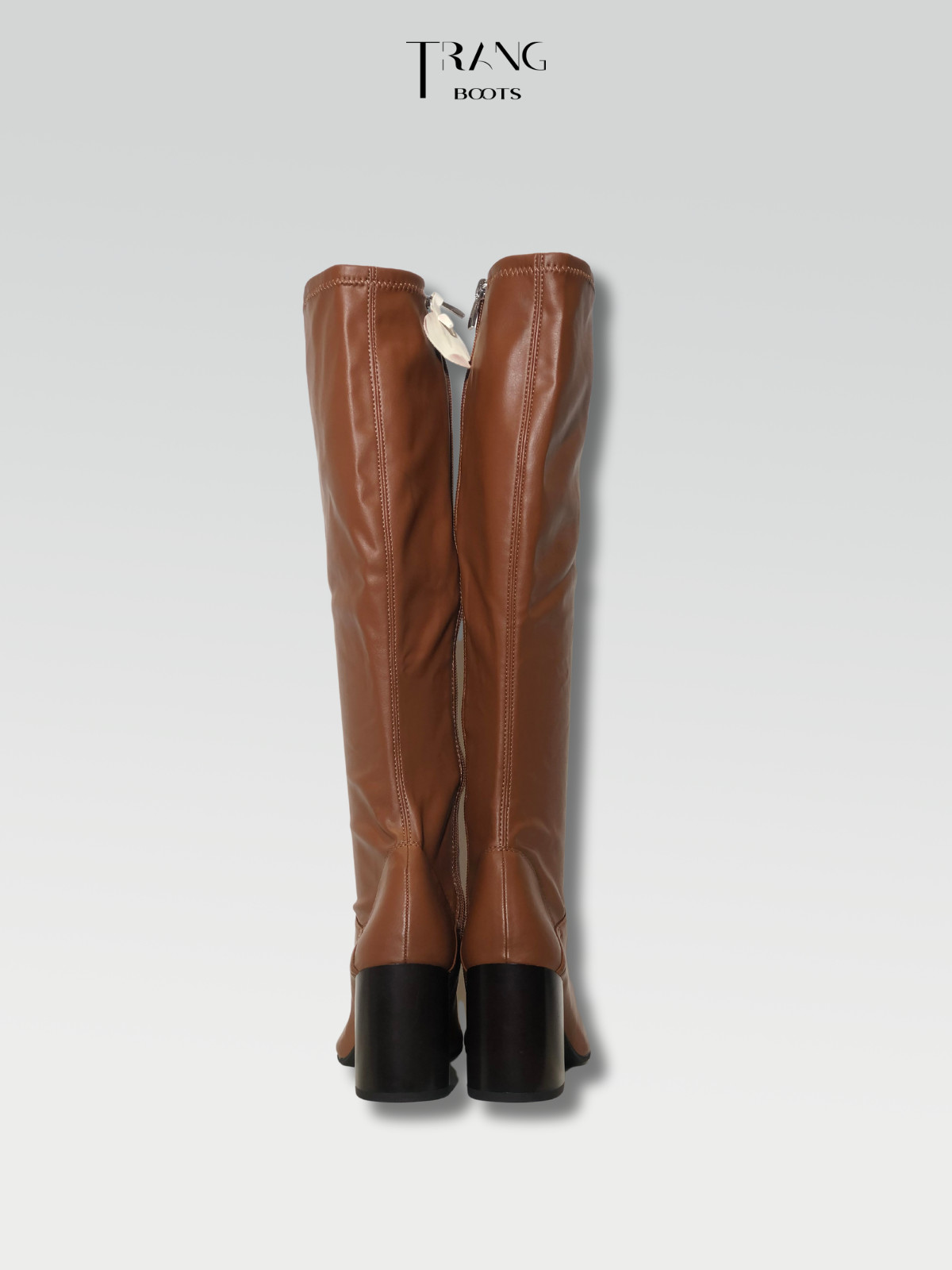 LEATHER KNEE BOOTS BROWN - BOOTS GỐI DA PU GÓT TRỤ MÀU NÂU