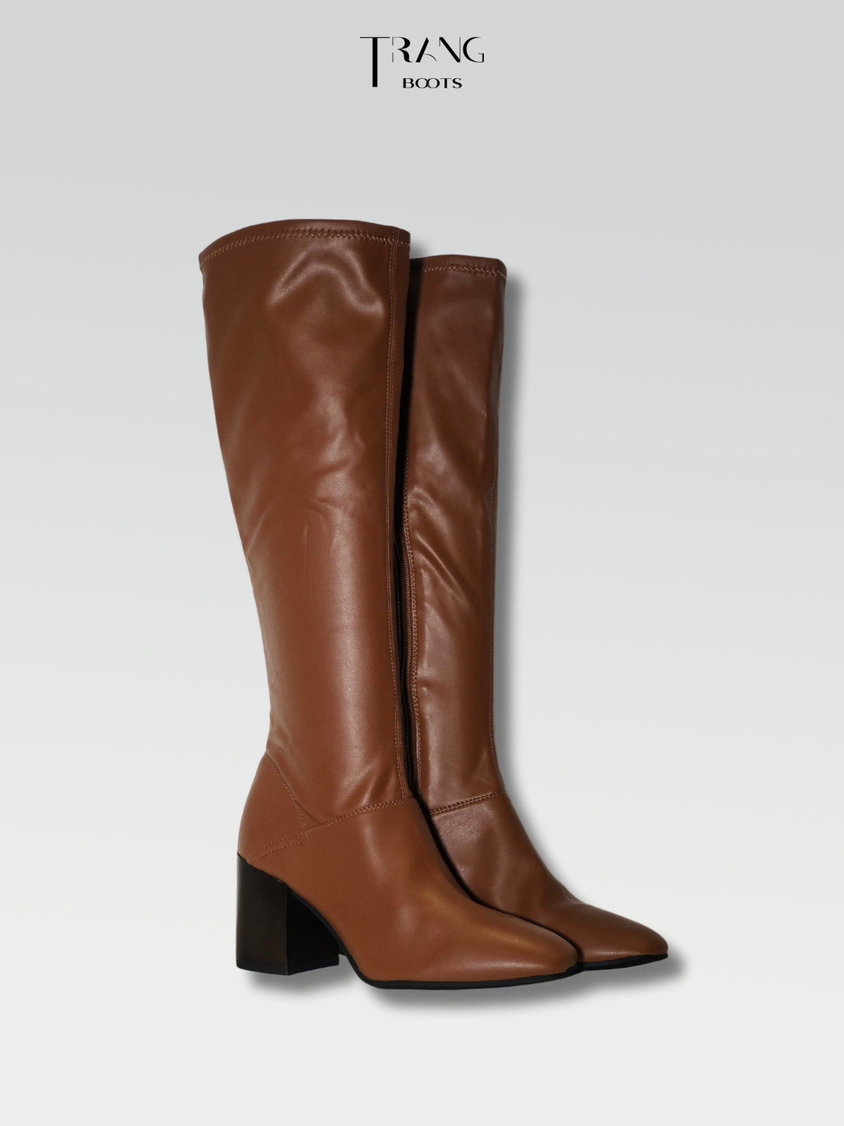 LEATHER KNEE BOOTS BROWN - BOOTS GỐI DA PU GÓT TRỤ MÀU NÂU