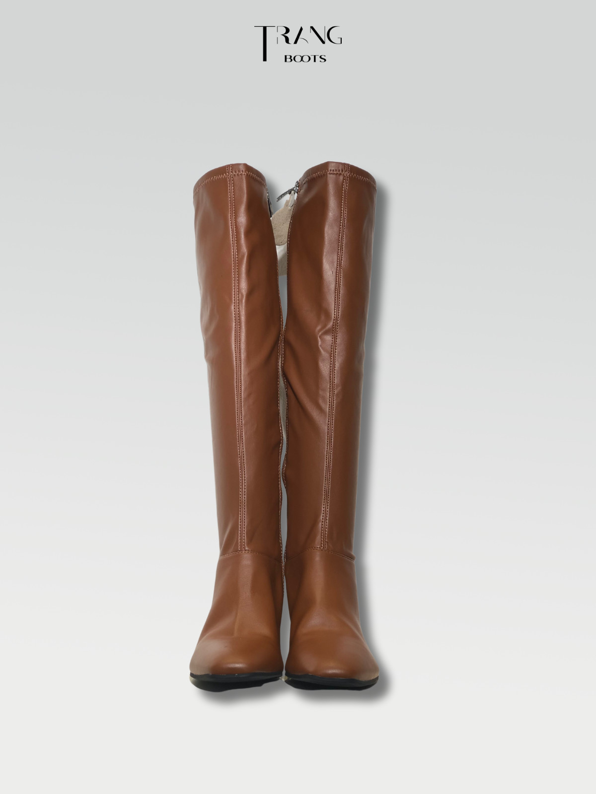 LEATHER KNEE BOOTS BROWN - BOOTS GỐI DA PU GÓT TRỤ MÀU NÂU