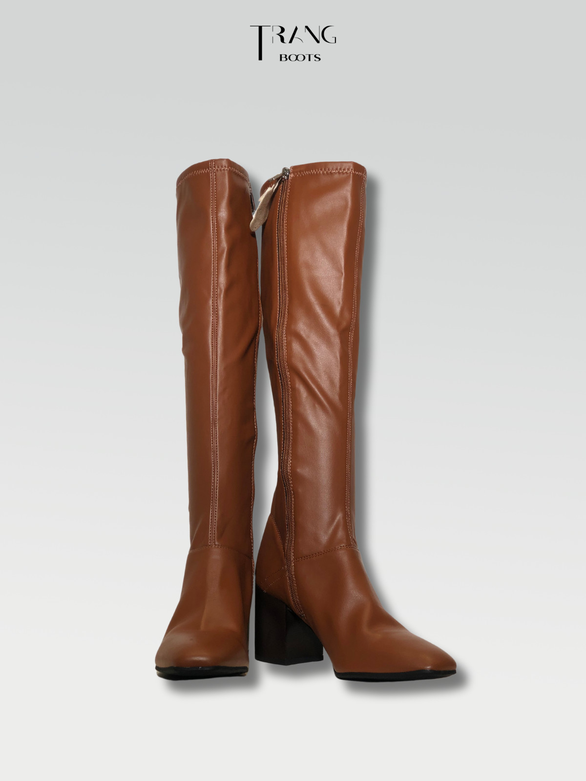 LEATHER KNEE BOOTS BROWN - BOOTS GỐI DA PU GÓT TRỤ MÀU NÂU