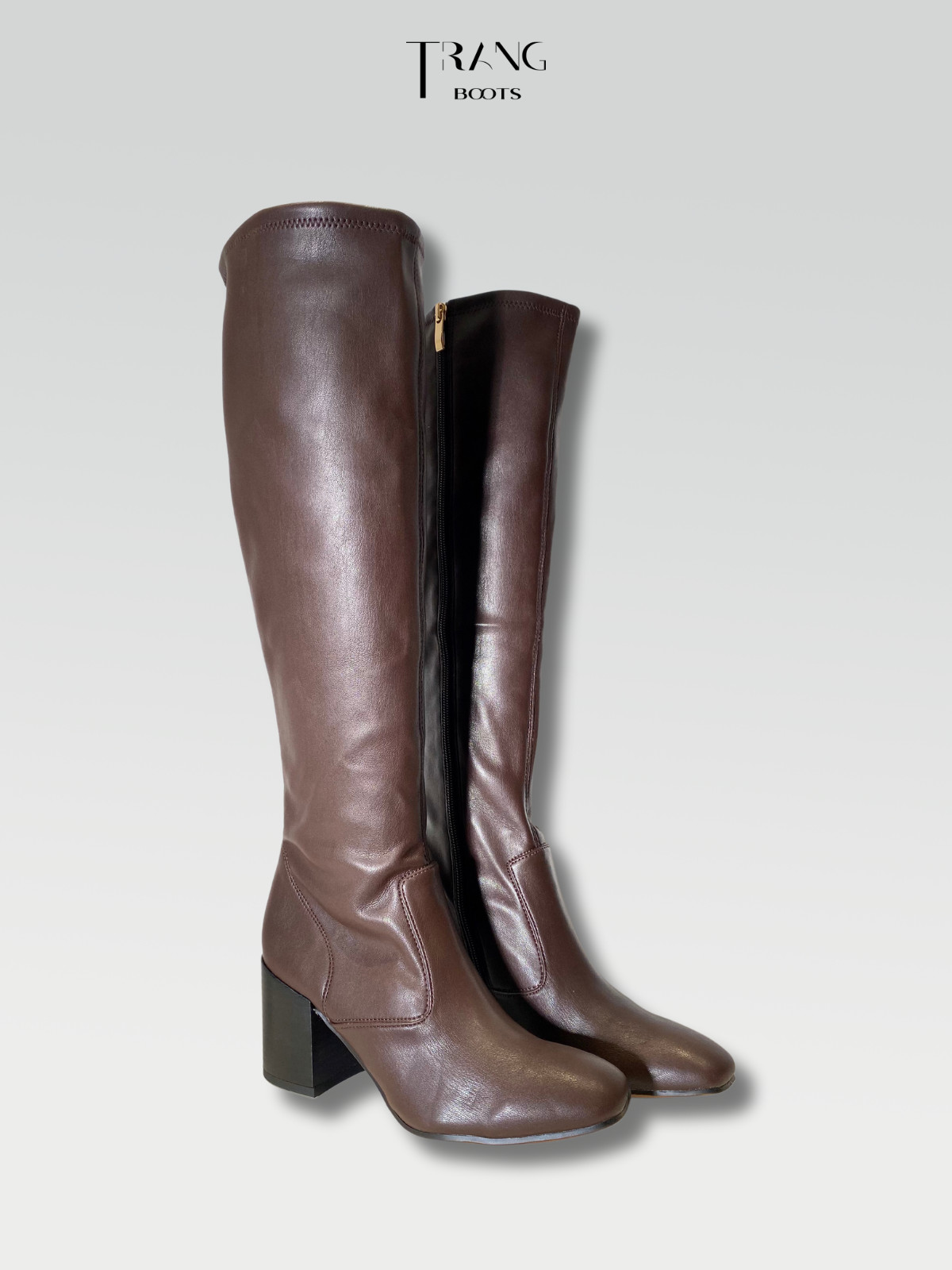 LEATHER KNEE BOOTS DARK BROWN - BOOTS GỐI DA PU GÓT TRỤ MÀU NÂU TỐI