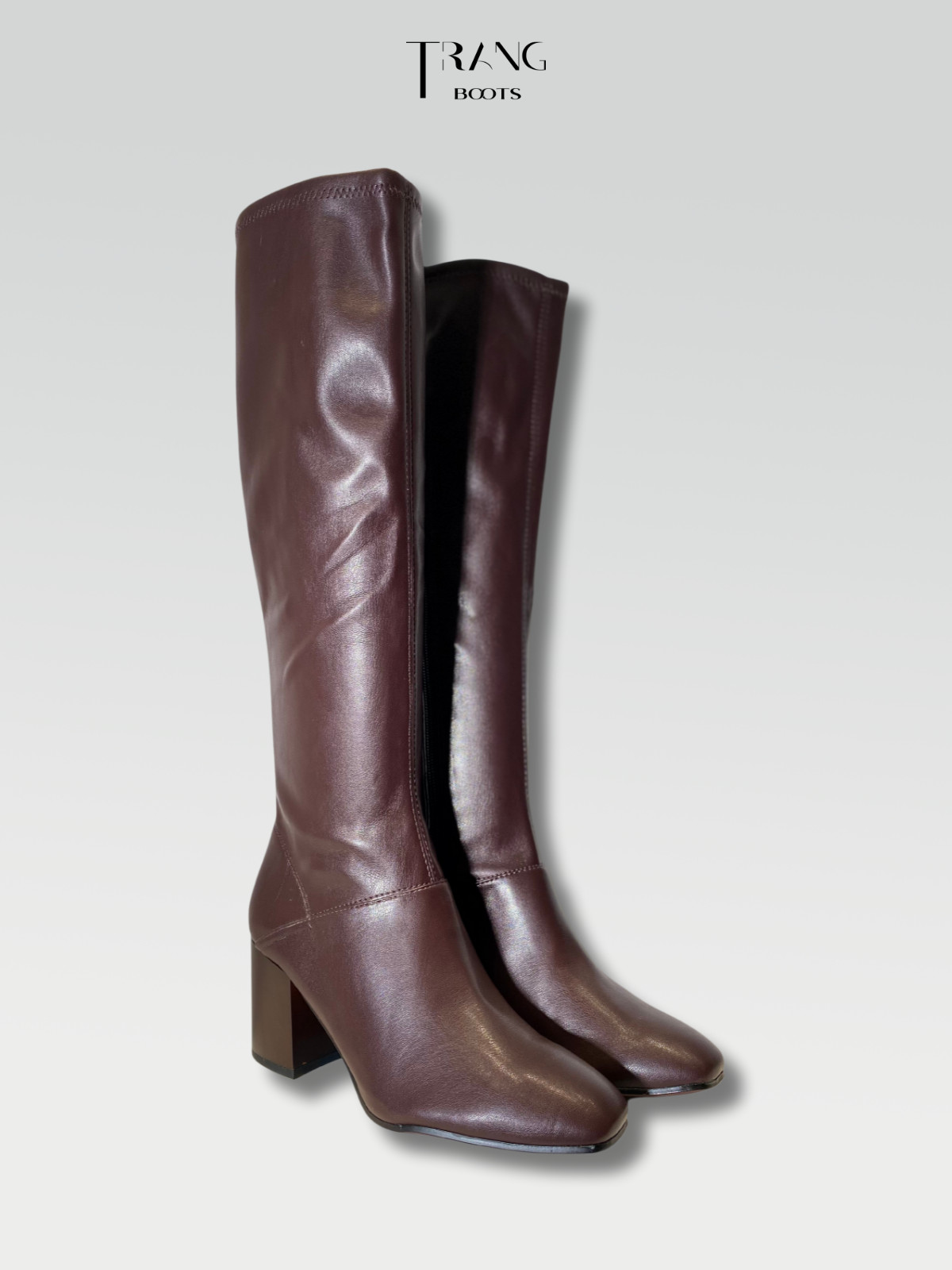 LEATHER KNEE BOOTS DARK BROWN - BOOTS GỐI DA PU GÓT TRỤ MÀU NÂU TỐI
