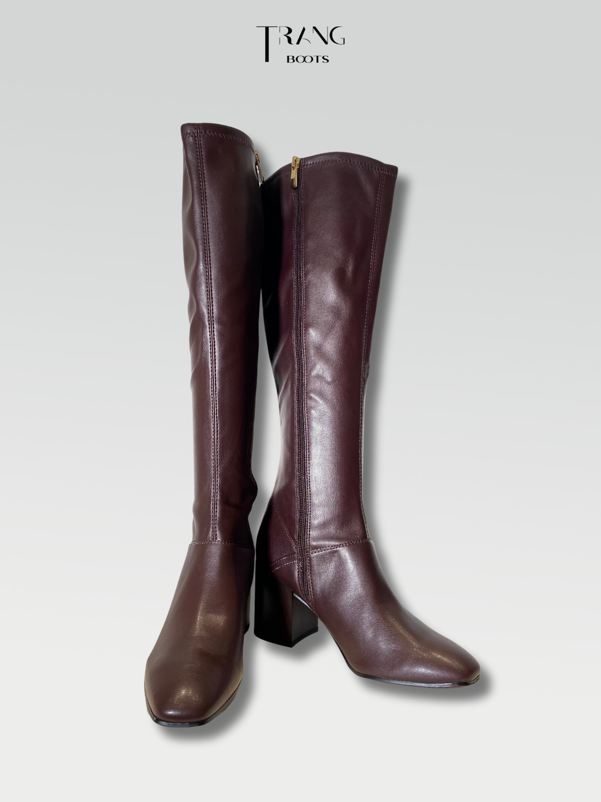 LEATHER KNEE BOOTS DARK BROWN - BOOTS GỐI DA PU GÓT TRỤ MÀU NÂU TỐI