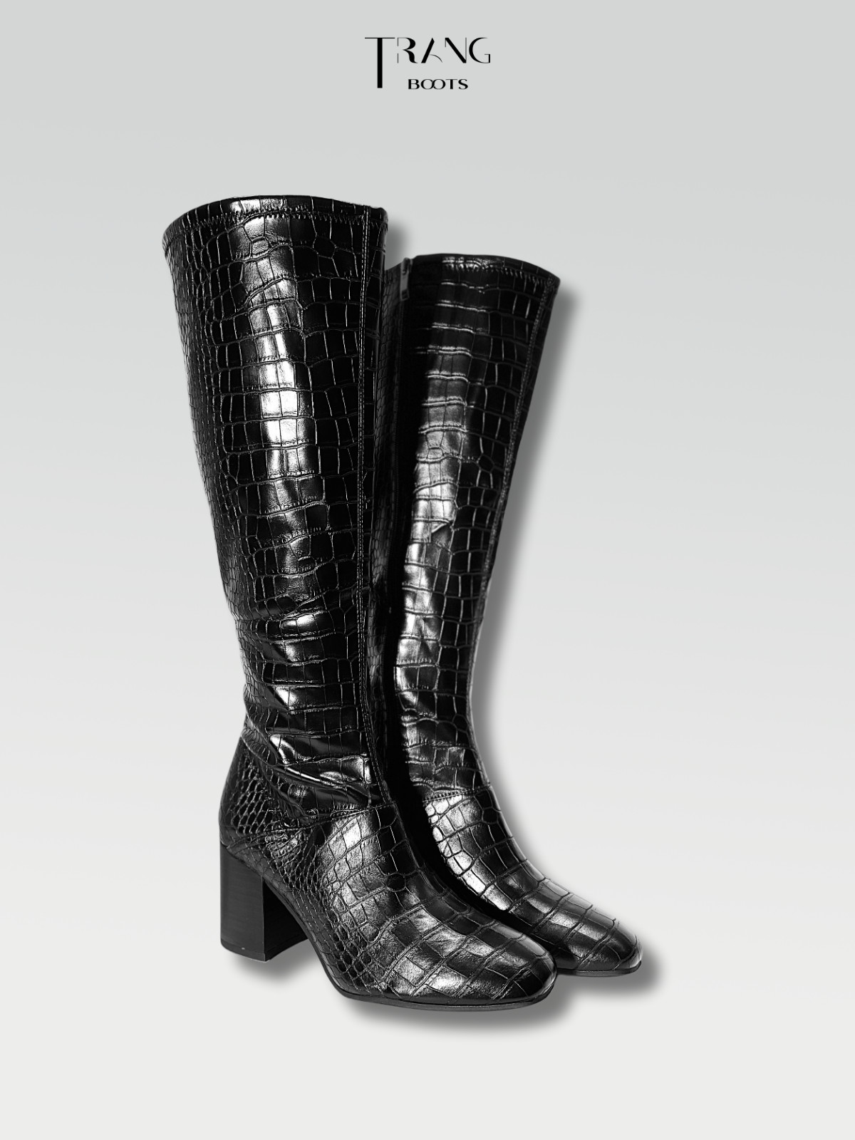 LEATHER KNEE BOOTS BLACK - BOOTS GỐI DA PU GÓT TRỤ MÀU ĐEN