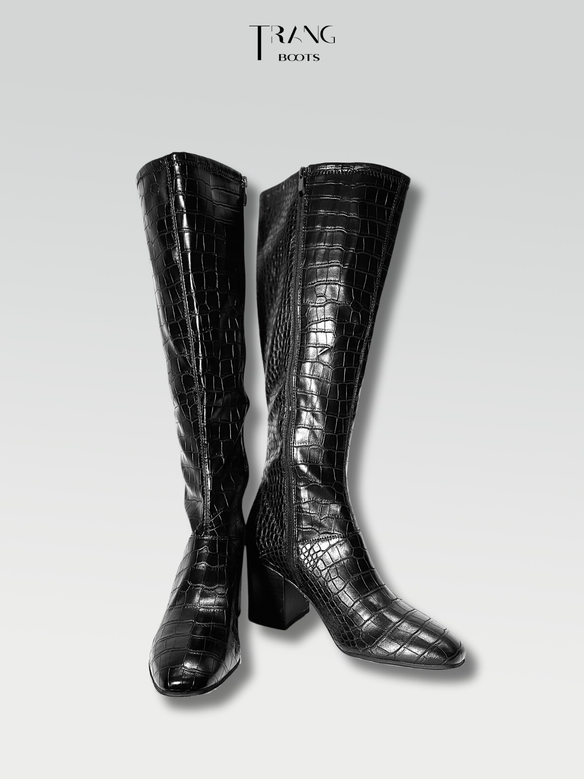 LEATHER KNEE BOOTS BLACK - BOOTS GỐI DA PU GÓT TRỤ MÀU ĐEN