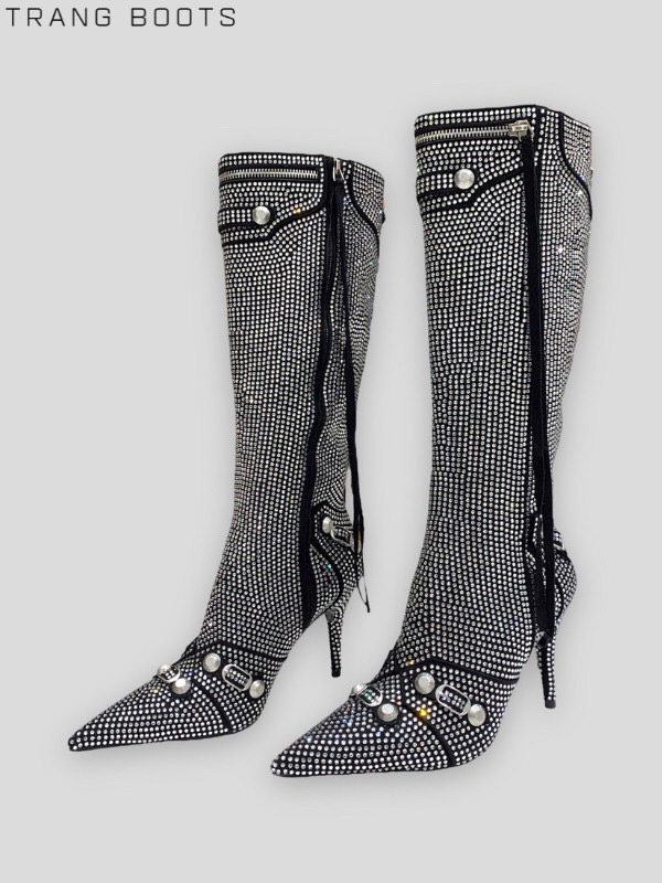 KNEE BOOTS MŨI NHỌN BLING ĐÍNH ĐÁ MÀU BẠC