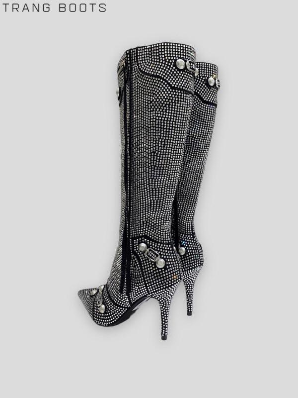 KNEE BOOTS MŨI NHỌN BLING ĐÍNH ĐÁ MÀU BẠC