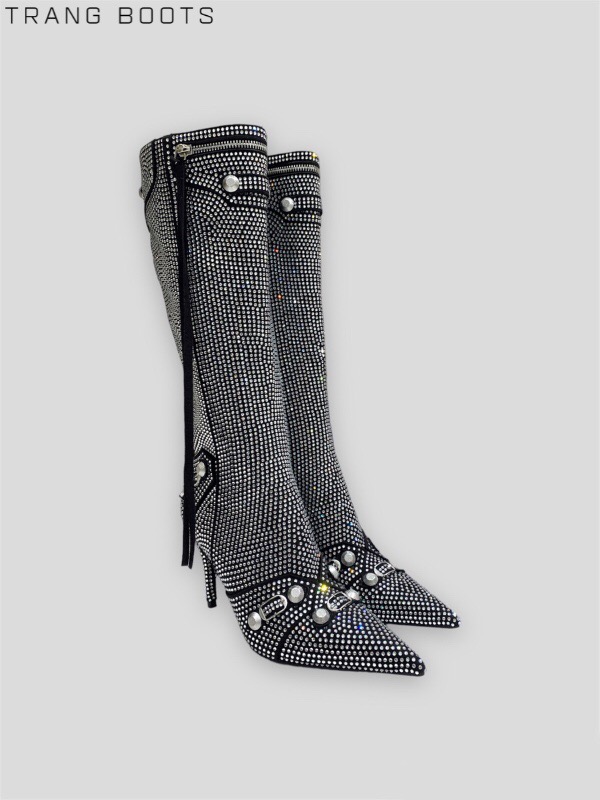 KNEE BOOTS MŨI NHỌN BLING ĐÍNH ĐÁ MÀU BẠC