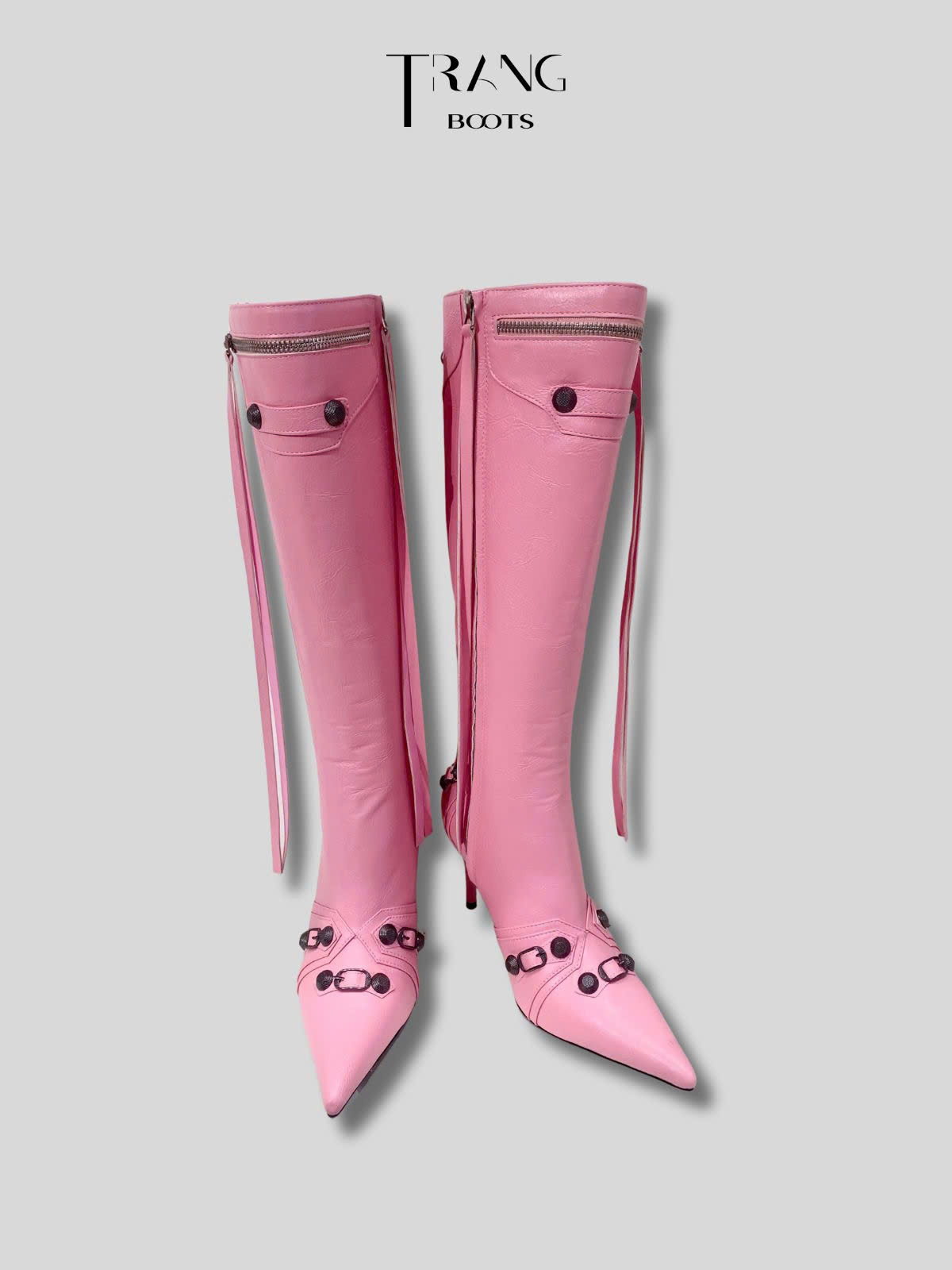 KNEE BOOTS MŨI NHỌN ĐÍNH ĐÁ CÁ TÍNH MÀU HỒNG