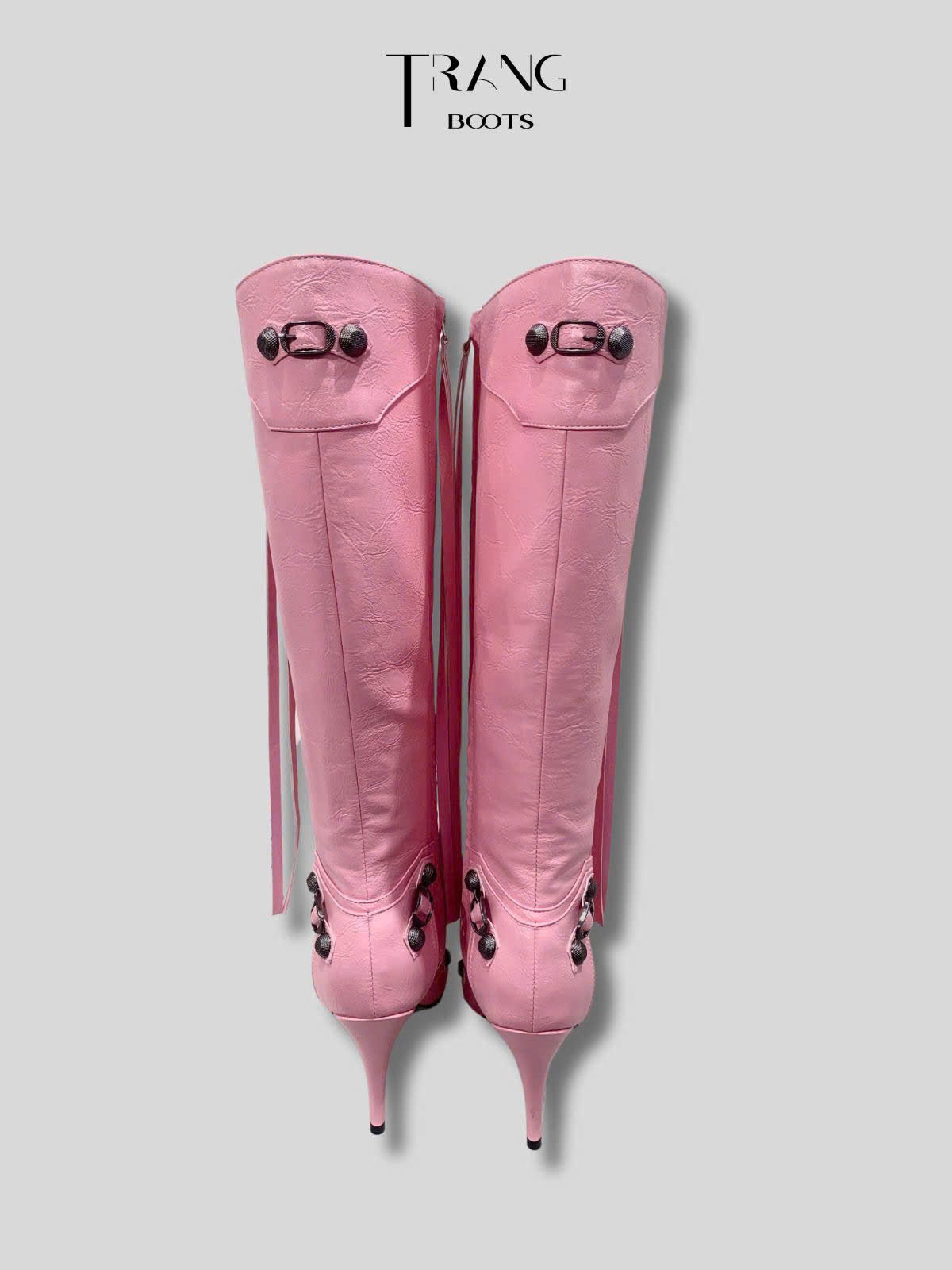 KNEE BOOTS MŨI NHỌN ĐÍNH ĐÁ CÁ TÍNH MÀU HỒNG