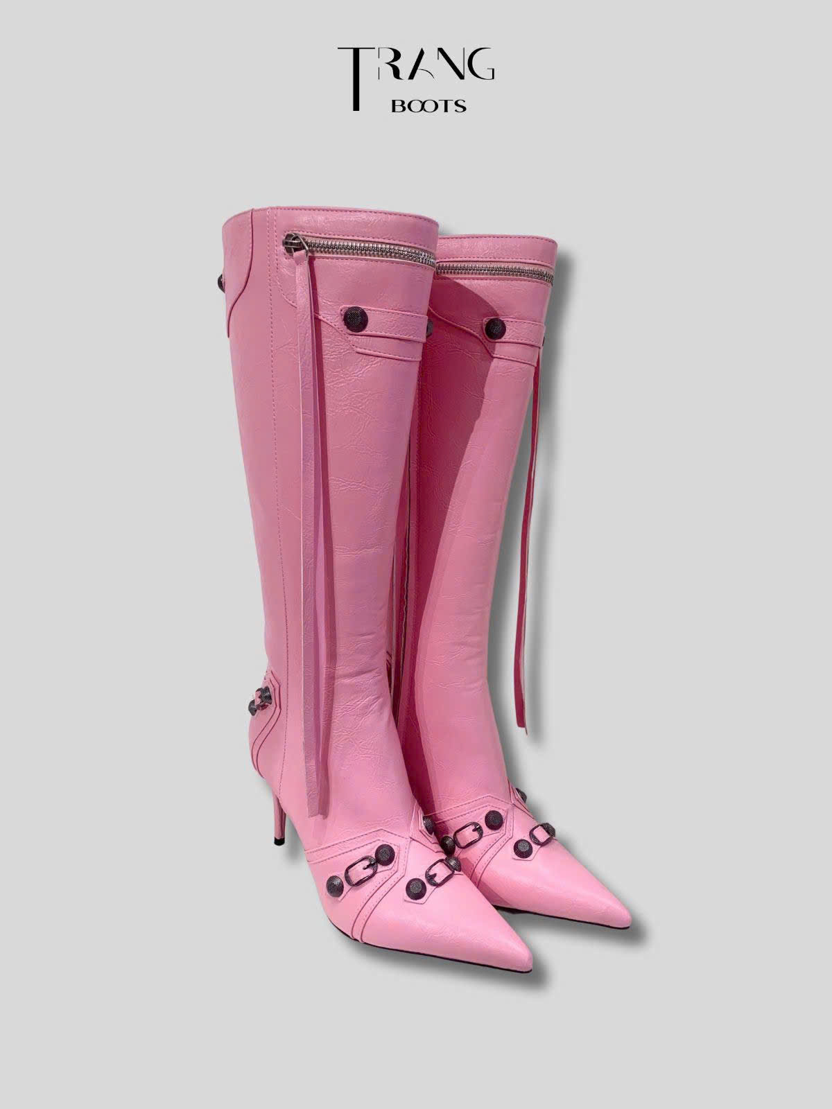 KNEE BOOTS MŨI NHỌN ĐÍNH ĐÁ CÁ TÍNH MÀU HỒNG