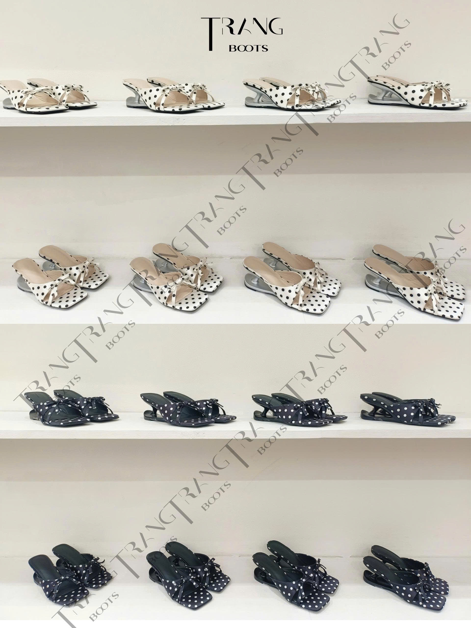 IVORY LUXE - LADY ÉLAN Sandal mũi vuông gót đặc biệt – phong cách retro chấm bi phối họa tiết tim, chi tiết nơ thanh lịch, thiết kế niche cao cấp.