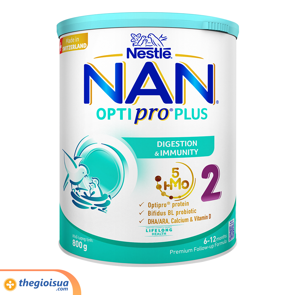 Sữa bột Nan Optipro Plus 2 800g mẫu mới hàng nhập khẩu sản xuất tại Thuỵ Sĩ