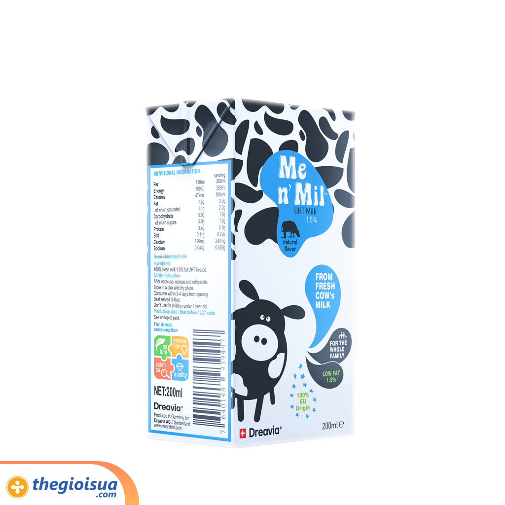 Sữa tươi tiệt trùng Me n' Mil UHT Natural Milk 1,5% 200ml