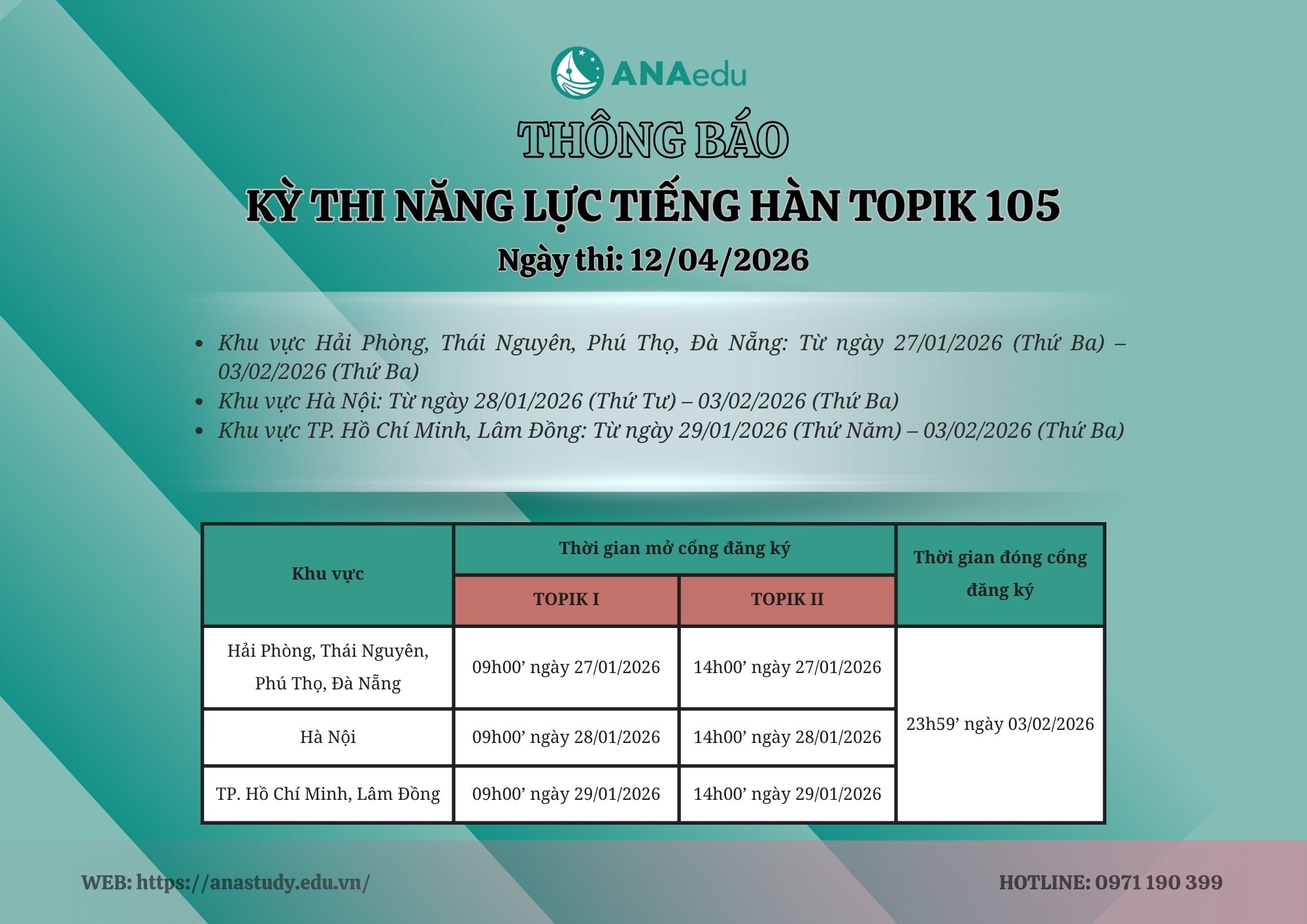 THÔNG BÁO KỲ THI NĂNG LỰC TIẾNG HÀN TOPIK 105