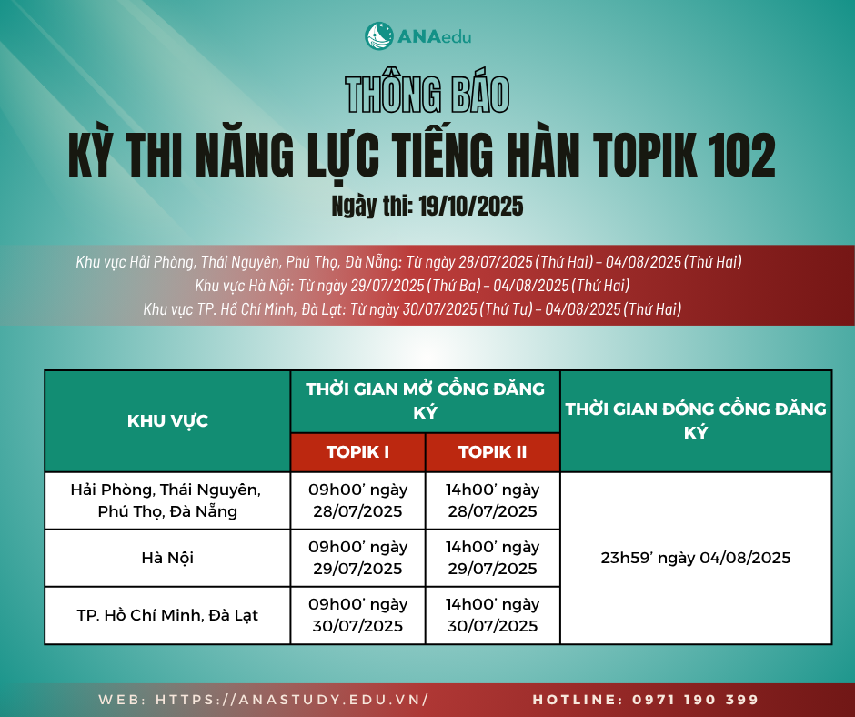 THÔNG BÁO KỲ THI NĂNG LỰC TIẾNG HÀN TOPIK 102