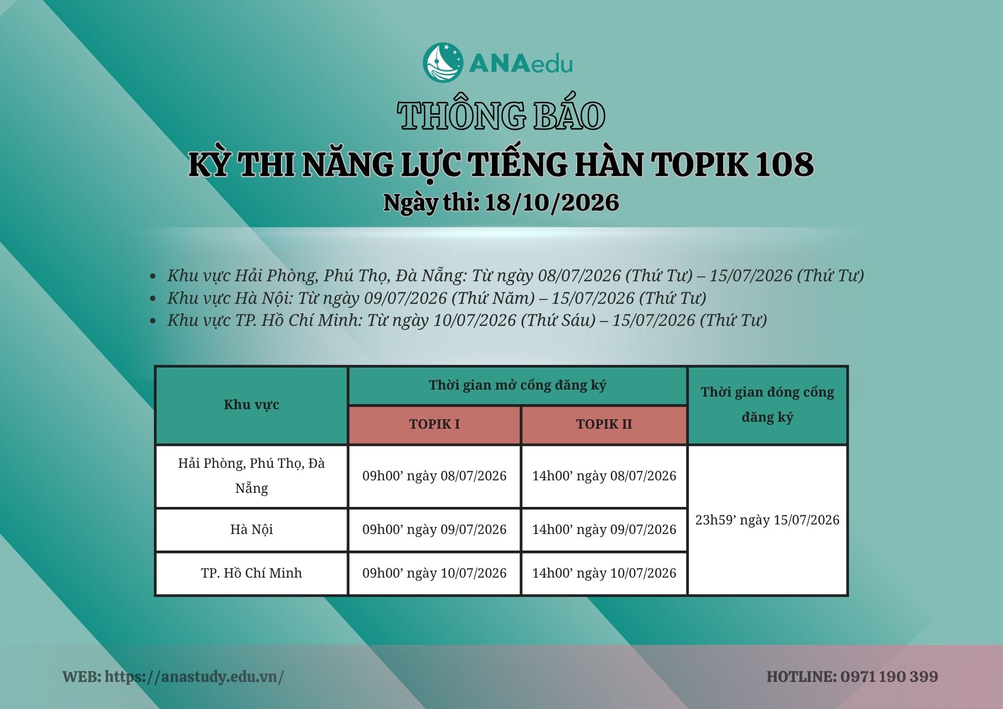 THÔNG BÁO KỲ THI NĂNG LỰC TIẾNG HÀN TOPIK 108