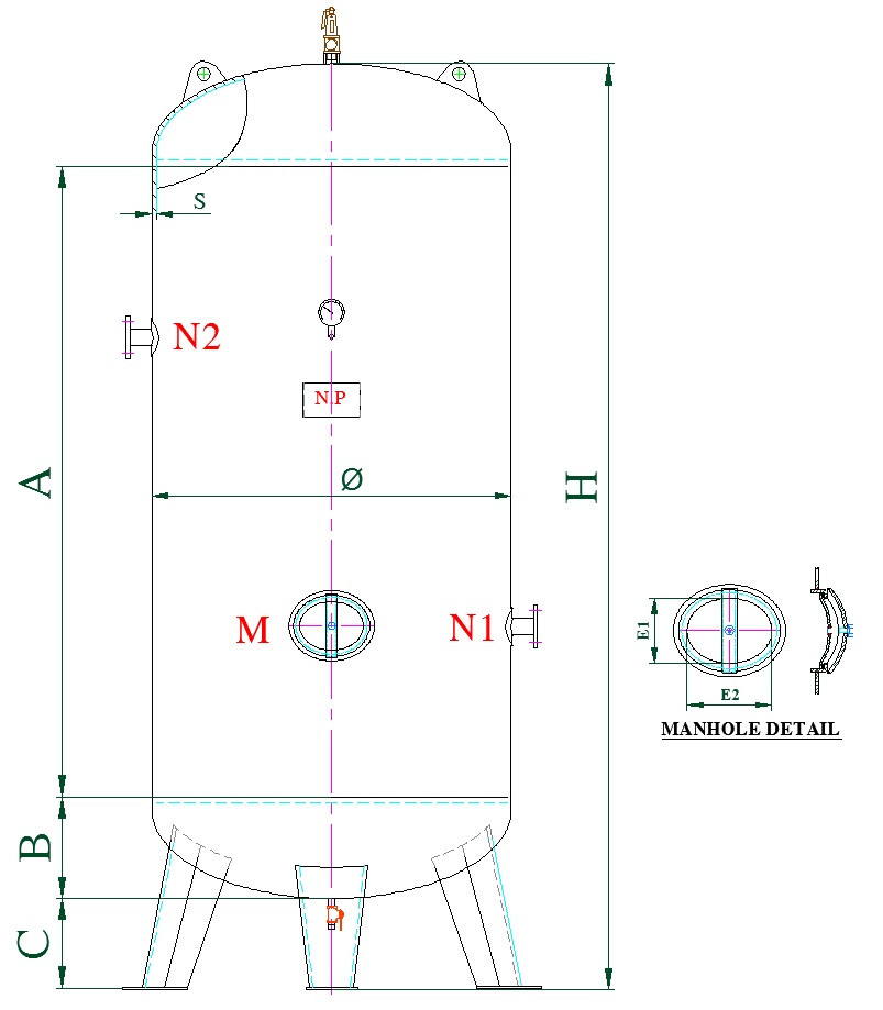 Các thông số kích thước tương ứng với cấu trúc trên mặt phẳng của bình chứa nén khí 4000l