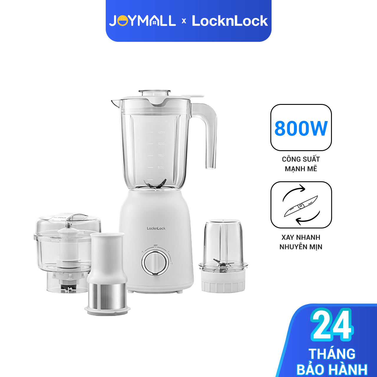 Máy xay sinh tố Locknlock  EJM416WHT Multi Blender 800W - Hàng chính  hãng, nghiền nhuyễn đá, có lọc bã hạt - JoyMall