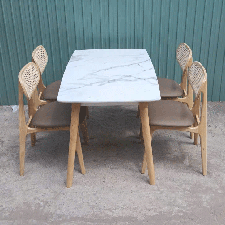 Bộ bàn ăn mặt giả vân đá + 4 ghế Lunar mắt cáo